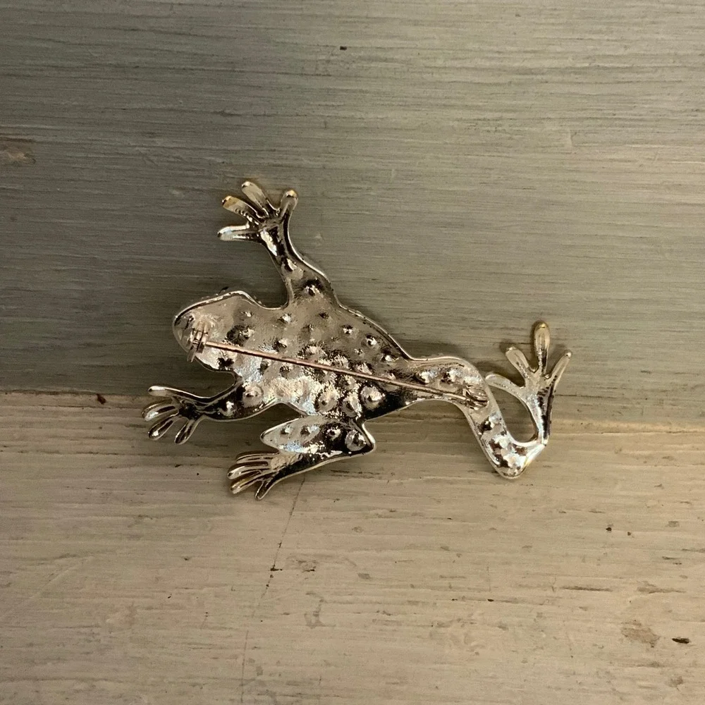 Vintage Silver & Gold Tone Bejeweled Frog Brooch Pin 2.5
